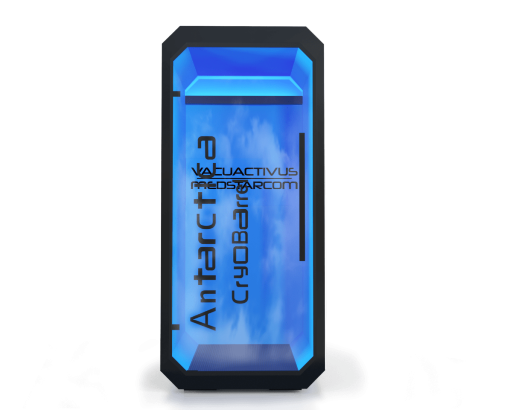 Camera Antarctica CryoBarrel con interno illuminato in blu, vista frontale