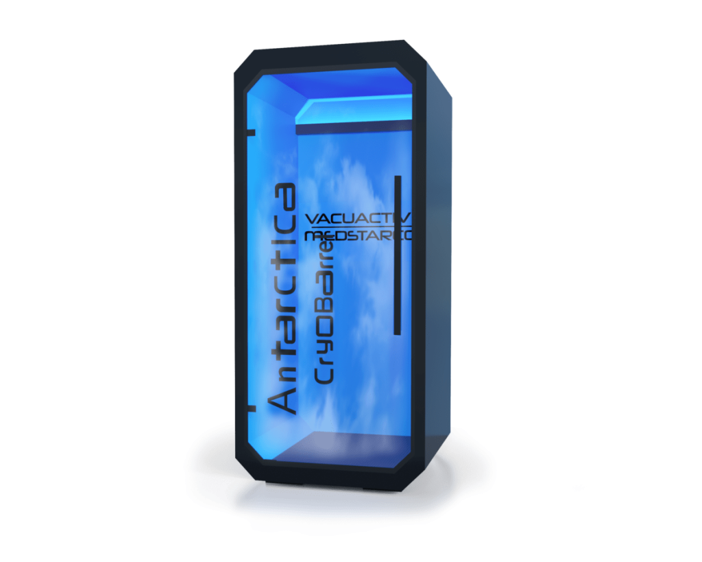 Camera Antarctica CryoBarrel con interno illuminato in blu, vista laterale