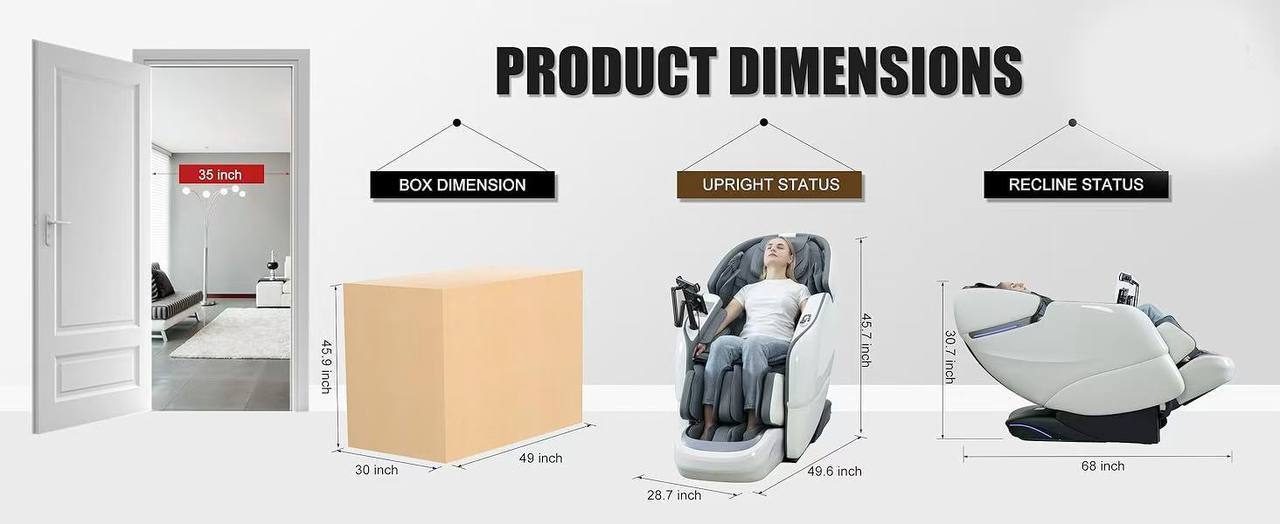 Dimensioni della poltrona massaggiante: imballo, posizione eretta e reclinata