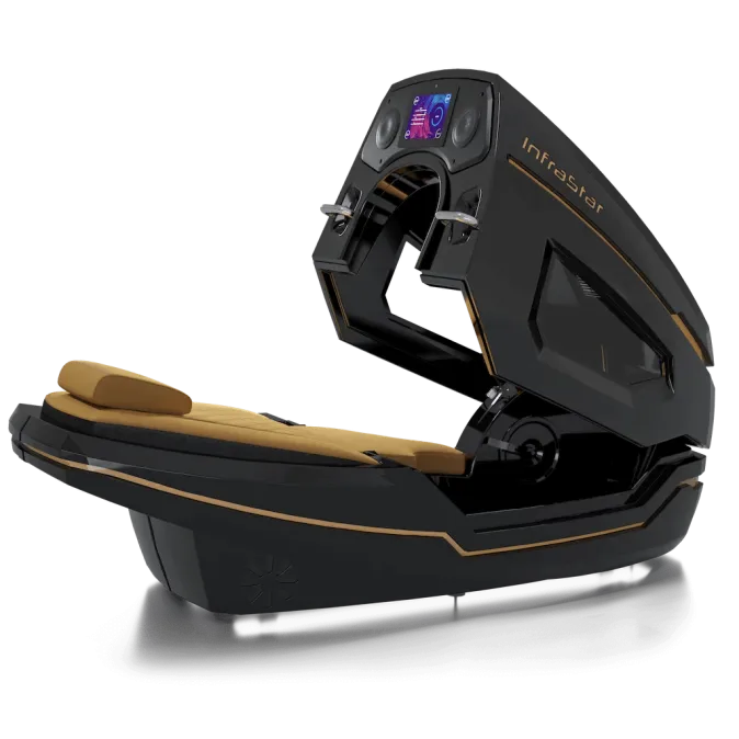 Capsula InfraStar aperta con seduta in pelle beige