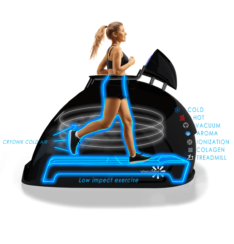 Donna che corre sul tapis roulant VacuStar con tecnologie freddo, caldo e vuoto